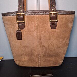 Coach Suede Hampton Tote Purse Shoulder Bag C33-9579 Beige Brown Leather Vintage